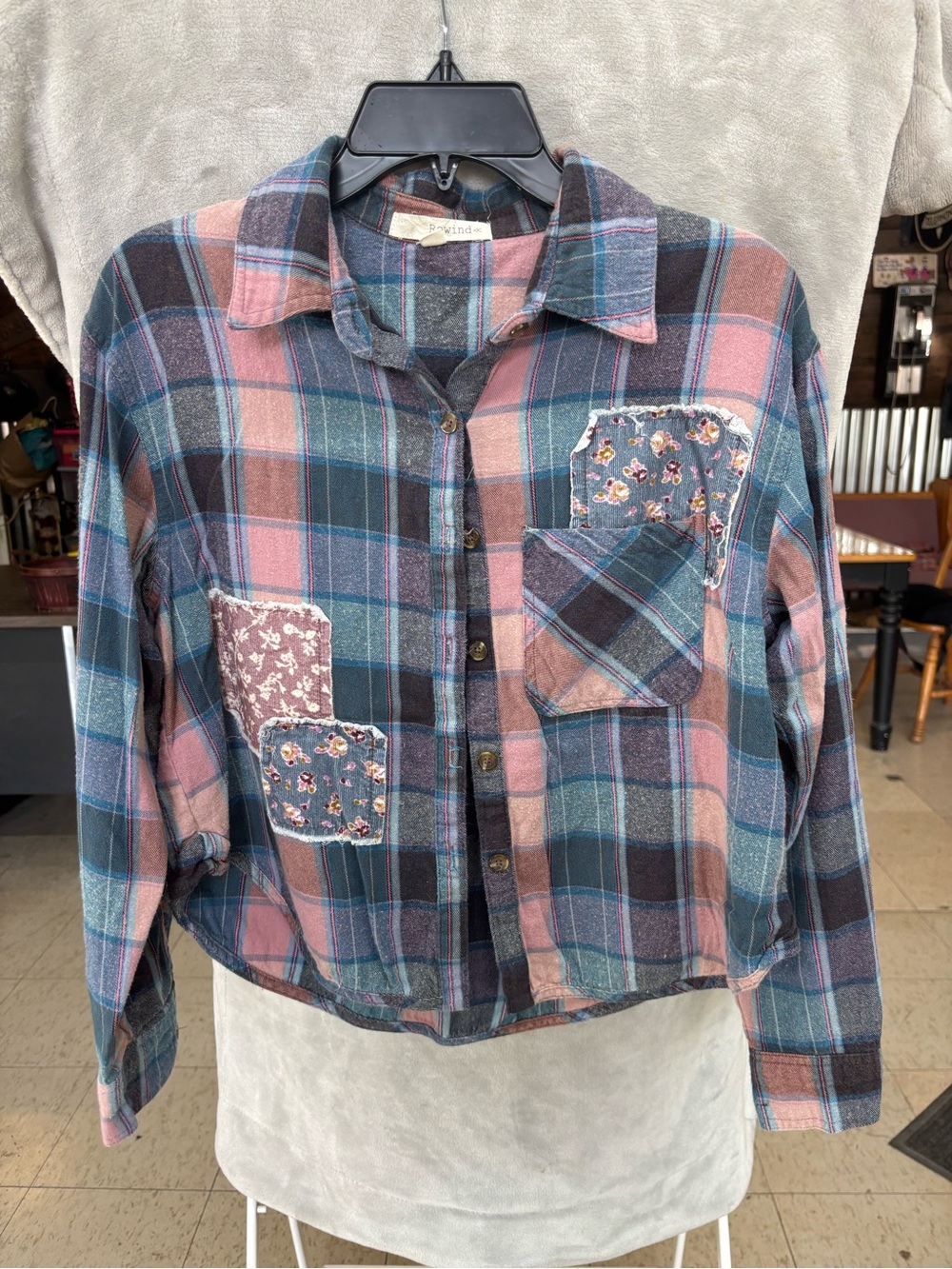 Rewind Pink & Blue Plaid Patchwork Button-Down Cropped Shirt